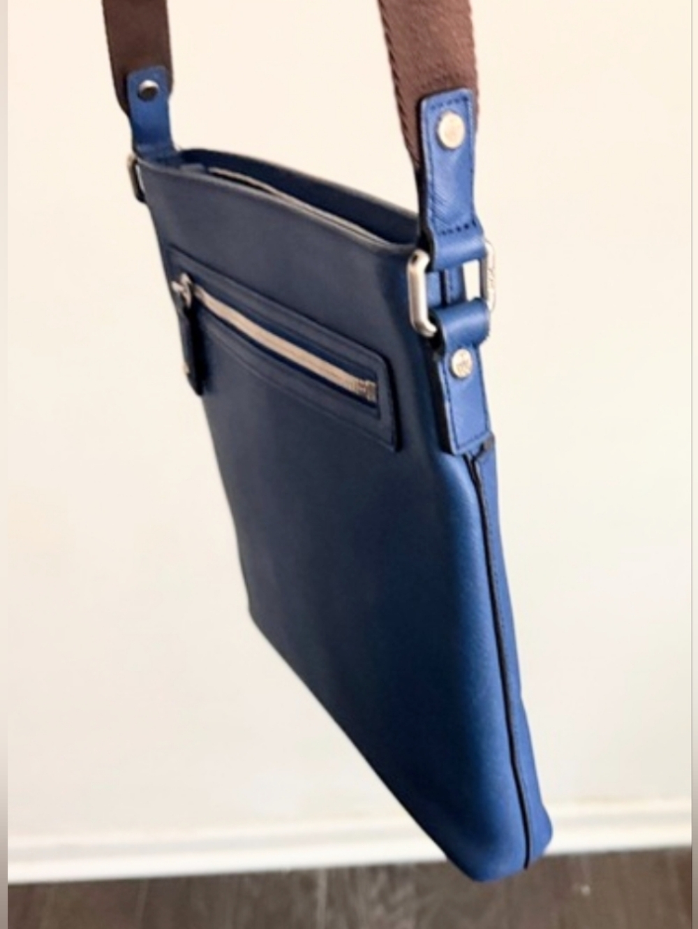 MCM Crossbody Messenger Bag - Blue Leather & Brown Strap - Picture 5 of 14
